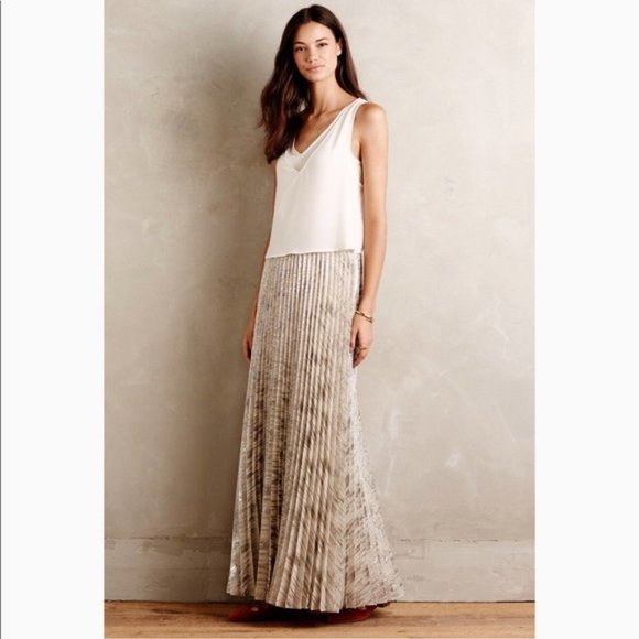 MOULINETTE SOEURS Anthropologie Gold Shimmer Pleated Maxi Skirt Size